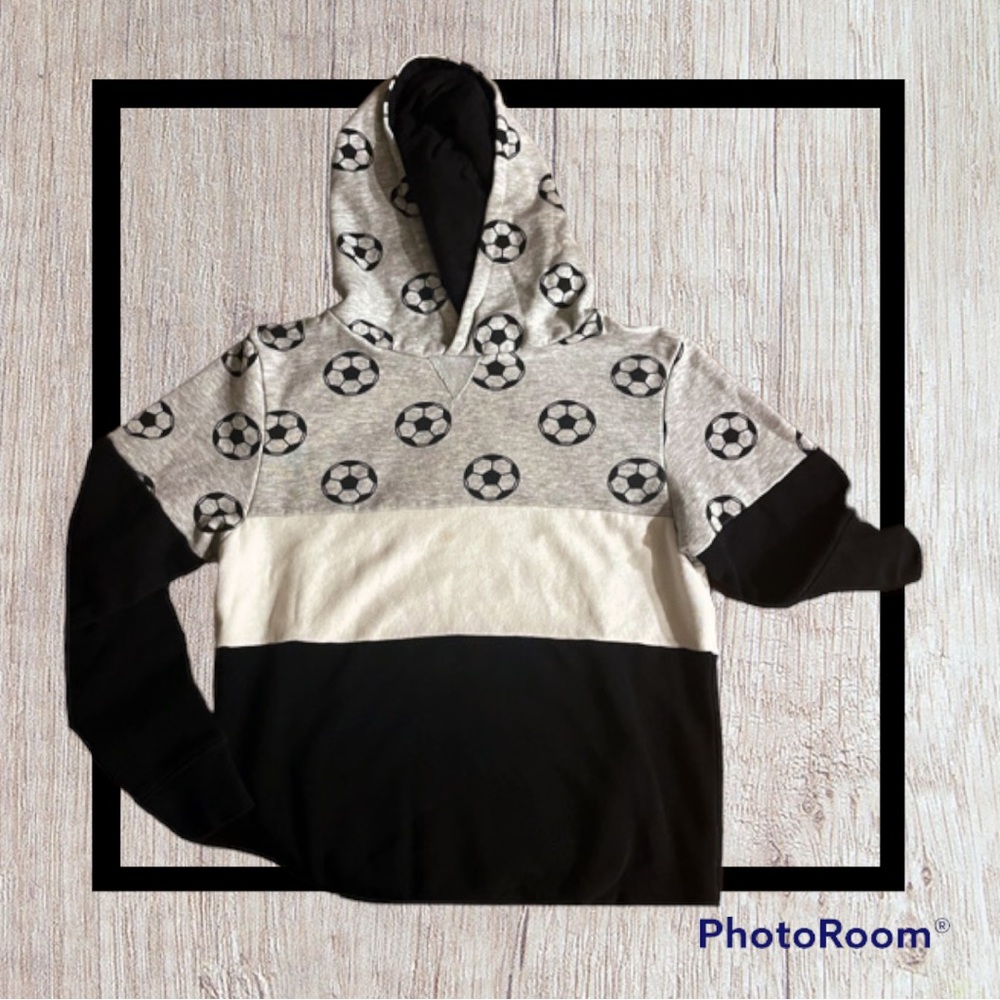 Soccer Ball‎ Hoodie Pullover Long Sleeve Gray White Black Color Block